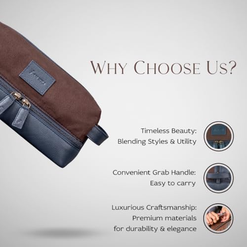 Mai Soli Genuine Leather Canvas Toiletry Bag for Men, Shaving Kit Bag, Portable Travel Organizer, Pouch for Travelling - Navy Brown - Image 5