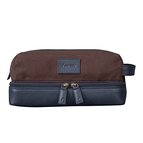 Mai Soli Genuine Leather Canvas Toiletry Bag for Men, Shaving Kit Bag, Portable Travel Organizer, Pouch for Travelling - Navy Brown - Image 1