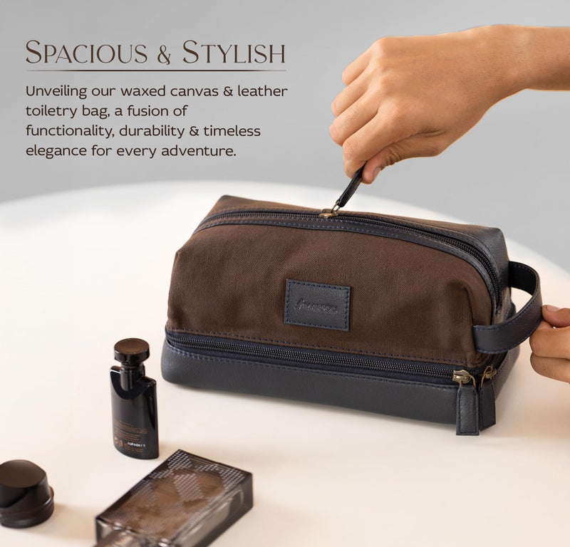 Mai Soli Genuine Leather Canvas Toiletry Bag for Men, Shaving Kit Bag, Portable Travel Organizer, Pouch for Travelling - Navy Brown - Image 4