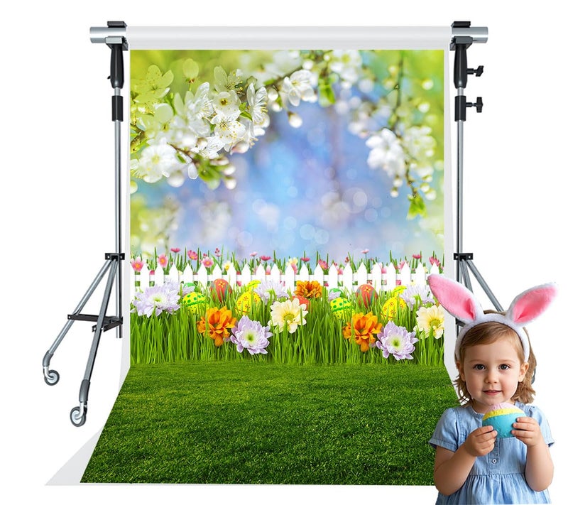 HMTFOTO 5X7ft Easter Backdrop for Photography Fabric Easter Photo Props Spring Eggs Sky Flowers Green Grass Floral Fence Photo Studio Props