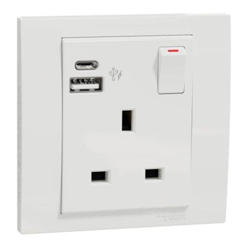 مقبس واحد بمفتاح مع منافذ USB A+C للاستخدام المنزلي والمكتبي، بلاستيك ABS أبيض، تصميم مضغوط مع تصنيف 13A وحماية IP20 - Image 1