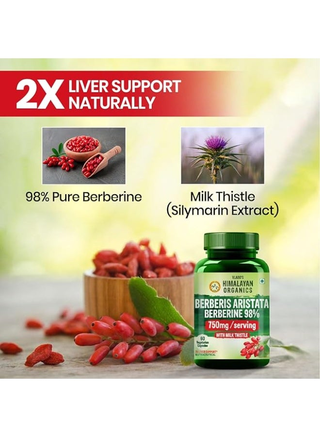 Himalayan organics Vlado's Himalayan Organics Berberis Berberine 98% with Milk Thistle I Berberine Capsules 750 mg | Berberine Supplements for 2X Liver Support I Control Blood Sugar I Berberis Aristata I Cholesterol Management I, Antioxidant, Anti-inflammatory & Weight Management | Herbal Formula for Detox & Metabolic Wellness - 60 Veg Capsules - Image 2