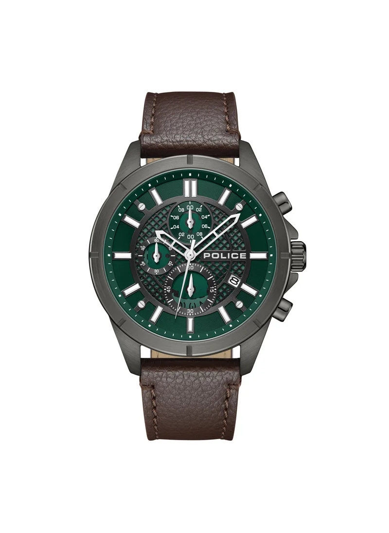 بوليس Burbank Green Dial Chocolate Brown Leather Strap Gents Chronograph Watch With Stainless Steel Case