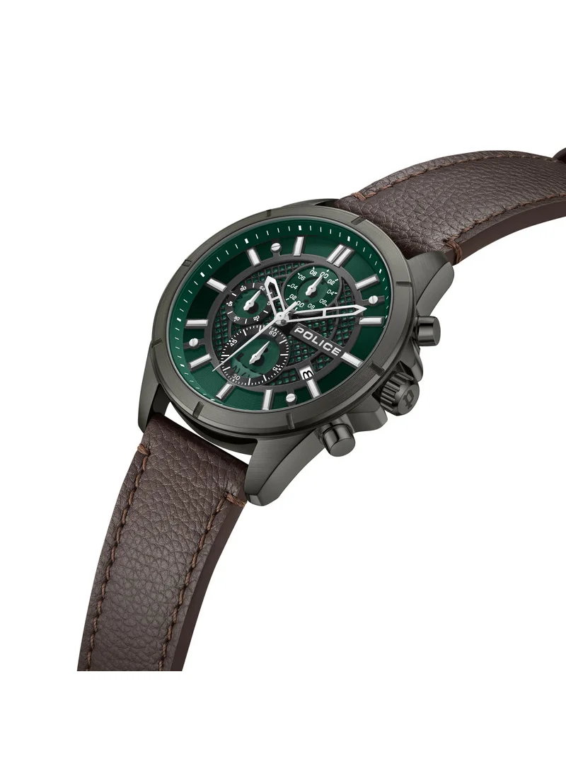 POLICE Burbank Green Dial Chocolate Brown Leather Strap Gents Chronograph Watch With Stainless Steel Case