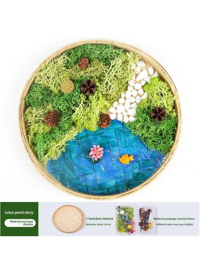 Yongsheng Moss Painting Material Package Bamboo Basket Handmade DIY Frame Creative Plant Green Photo Warm Field Group Building-Color:22cm Plaque Lotus Pond Story  - Image 1