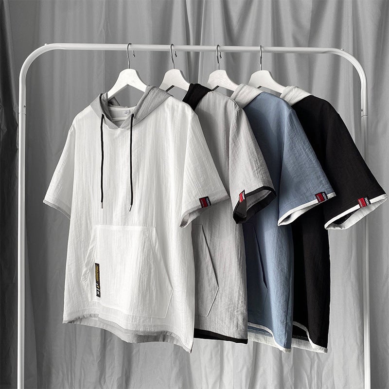 Summer Short Sleeve Hoodie Mens Casual Loose Japanese T-shirt Grey - Image 4