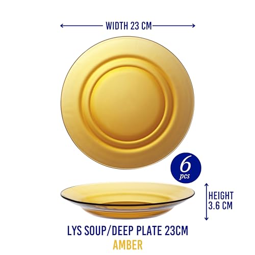 Duralex® LYS Amber Deep/Soup Glass Plates, Set of 6, 23 cm, for Cereal, Soup, Pasta and More - Image 3