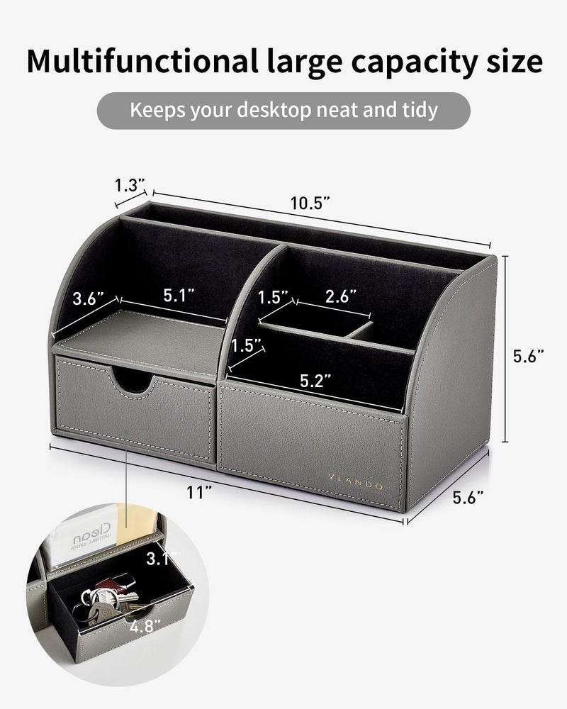 Vlando Desk Organizer with Drawer, Back to School Supplies - 5 Compartment Desktop Storage Holder with Organizer Section for Desk Accessories (Gray) - Image 3