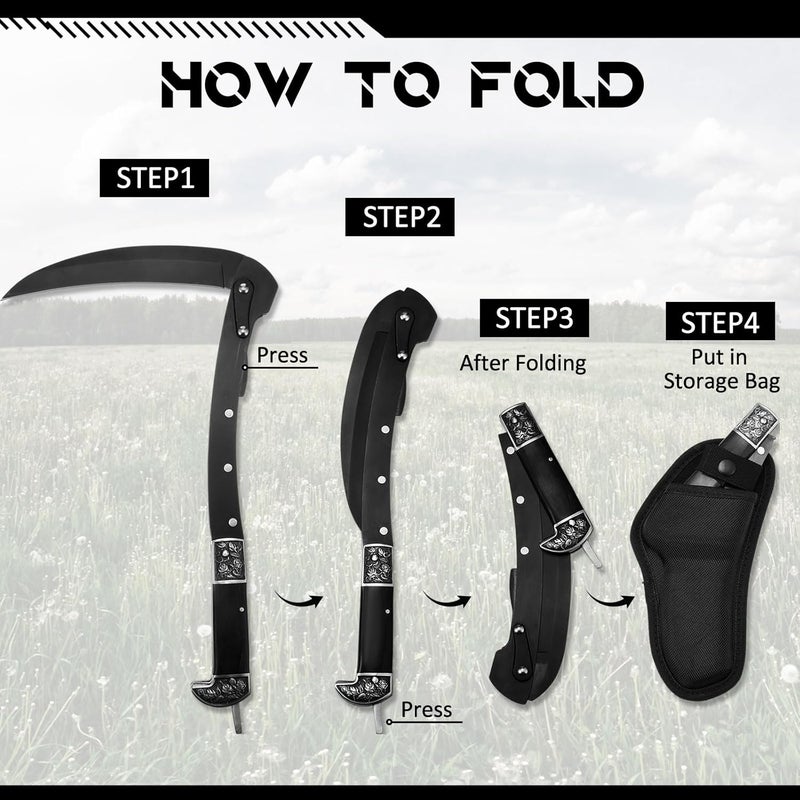 WILLBOND All season compatible build Black Sharp Folding Sickle Garden Tool Portable Safety Grass Hand Sickle Knife with Sheath Wooden Handle 2 Sections for Gardening Farming Lawn Grass Weeds Hand Tools Diverse purchase plan - Image 5