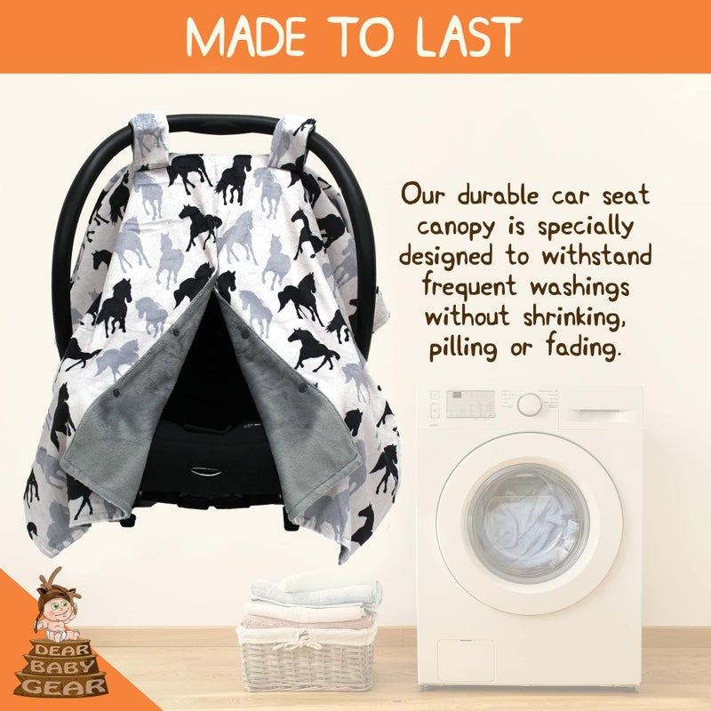 Dear Baby Gear Car Seat Cover for Boys & Girls - Baby Carseat Canopy w/Snap Opening - Infant Seat Cover - Stroller & Nursing Covers - Newborn Carrier Canopy - 40x30" (Black and Gray Horses) - Image 2