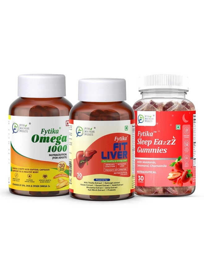 Fytika Omega 1000-30 Capsules + Fit Liver - 30 Tablets + Sleep Eazzz, Sleep Gummies - 30 Gummies, Combo (Pack of 3) - Image 1
