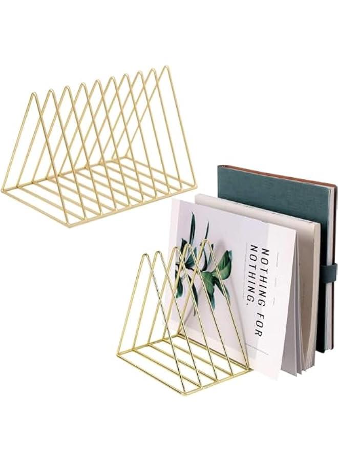 HOOKOR 2 Pcs Triangle File Folder Racks and Magazine Holder,Letters Storage,9 Lattice Metal Newspaper Holder Magazine File Storage for Office Home Decoration (Gold) - Image 1