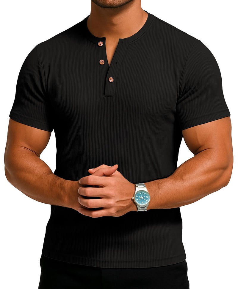 Sailwind Mens Muscle Henley Shirts Lightweight Workout T-Shirt Gym Tee Athletic Short Sleeve with Button Black - Image 4