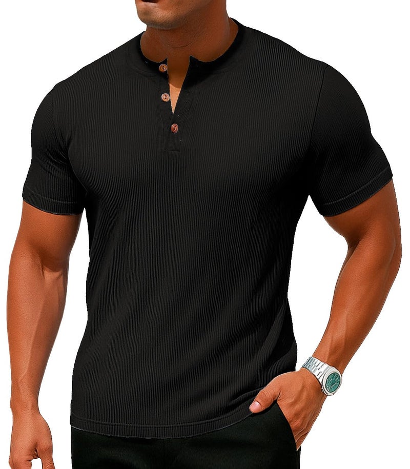 Sailwind Mens Muscle Henley Shirts Lightweight Workout T-Shirt Gym Tee Athletic Short Sleeve with Button Black - Image 2