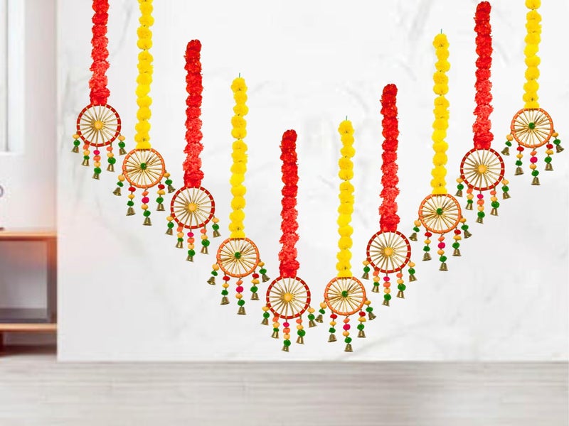 DRYPHON Artificial Marigold Flowers with Pom Pom Ring Bell Hanging Garlands for Home Diwali Wedding Puja Decoration (Pack of 10) - Image 1