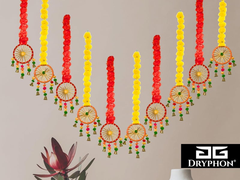 DRYPHON Artificial Marigold Flowers with Pom Pom Ring Bell Hanging Garlands for Home Diwali Wedding Puja Decoration (Pack of 10) - Image 5