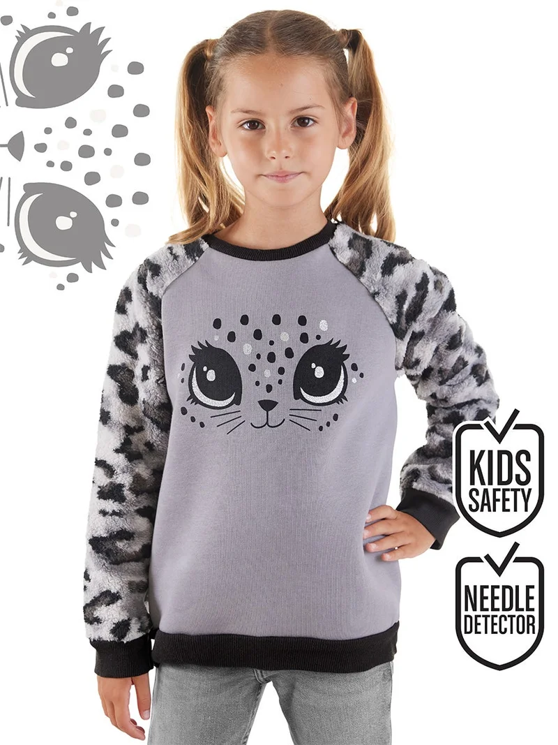 دينوكيدس سويت شيرت بناتي قطيفة بطبعة نمر لون رمادي