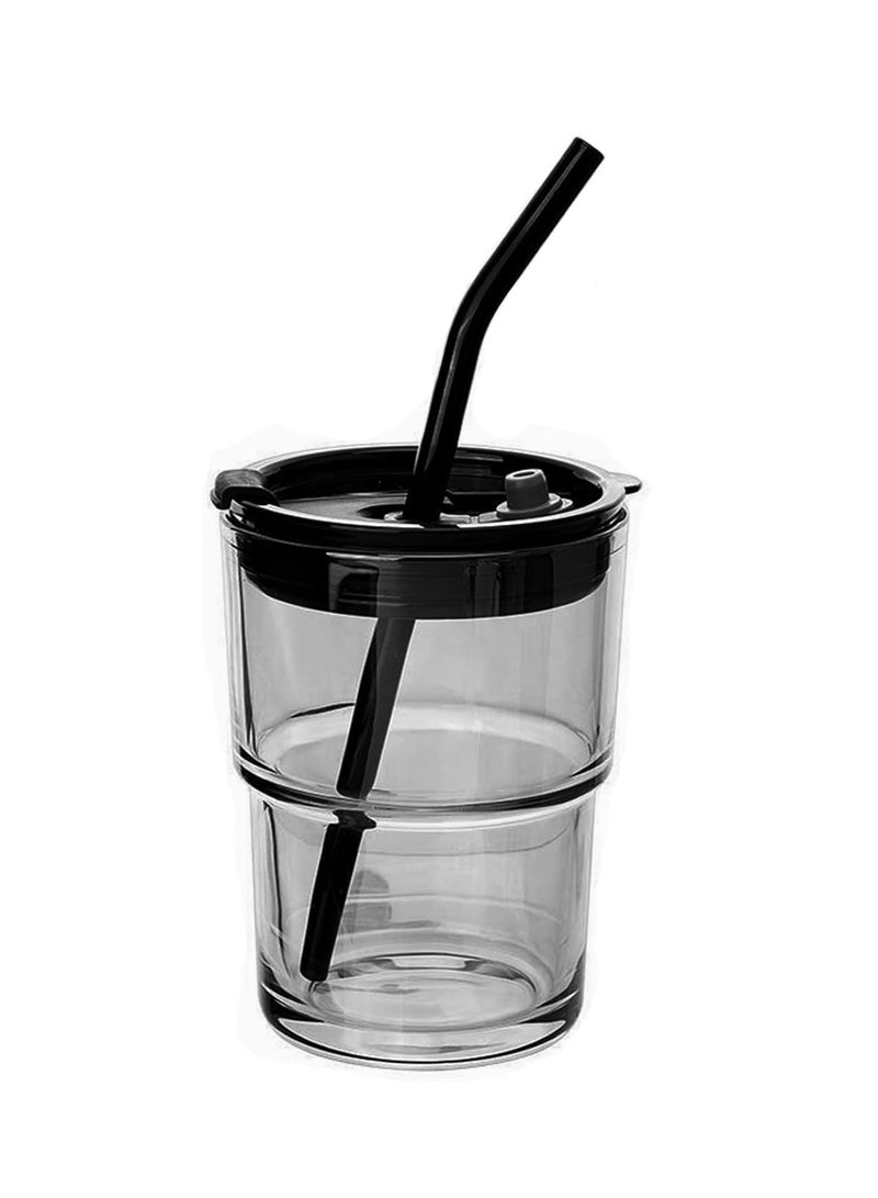 Liying 350ml Glass Coffee Tumbler with Straw and Lid Sealed Carry on, Glass Iced Coffee Cup, Leak-Proof Glass Tumbler Cup, Reusable Smoothie Mugs for Cold & Hot Drinks, Coffee, Tea, Shake (Black)  - Image 1