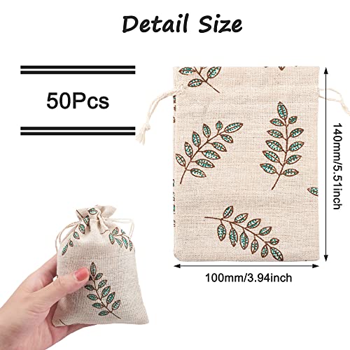 KISSITTY 50 Pack Cotton Cloth Storage Bags with Drawstring Easter 3.9x5.5 Inch Leaf Printed Reusable Jewelry Gift Pouches for Wedding Party Favor - Image 2