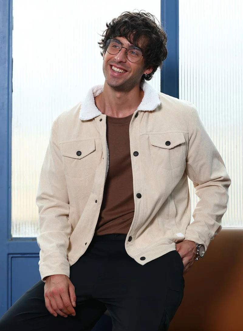 Men Utility-Corduroy Jacket | Sherpa Point Collar, Long Button-Cuff Sleeves | Button , Band-Straight Hem | Colourblock Textured | Woven Fabric For Casual & Daily Wear | Cream White