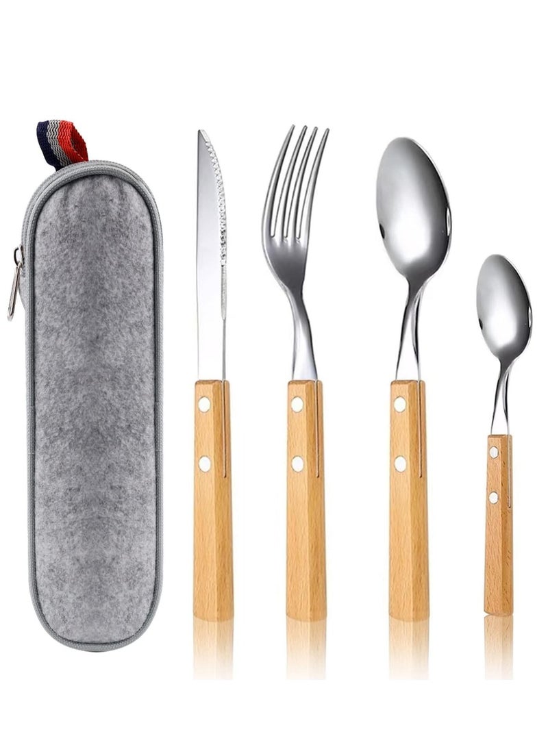XiuWoo Cutlery Sets, Set of 4 Stainless Steel Kitchen Tableware, Wooden Handle Knife and Fork Portable Reusable Set, Travel Picnic  - Image 1