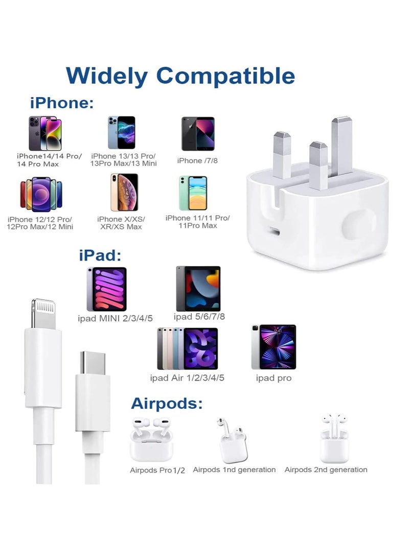MJZ - MFi Certified iPhone 20W Fast Charger, USB C Wall Fast Charger with 1m USB C to Lightning Cable Compatible with iPhone 14/14 Pro/14 Pro Max/13/12/SE2020/11/XR/XS Max/X/iPad, ect - Image 1