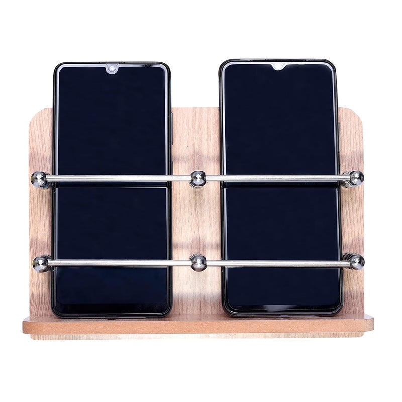 BeeDuck ® Wooden Double Mobile & Remote Holder Stand, TV & AC Remote Holding, Keys Hanging at Home, Office, Bedroom, Hotel - Wall Mount Multipurpose Stand - Image 1