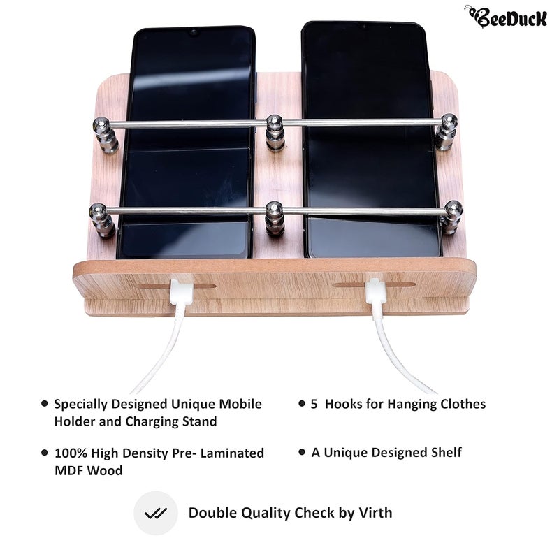 BeeDuck ® Wooden Double Mobile & Remote Holder Stand, TV & AC Remote Holding, Keys Hanging at Home, Office, Bedroom, Hotel - Wall Mount Multipurpose Stand - Image 4