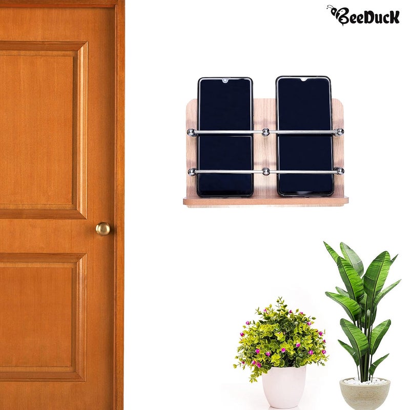 BeeDuck ® Wooden Double Mobile & Remote Holder Stand, TV & AC Remote Holding, Keys Hanging at Home, Office, Bedroom, Hotel - Wall Mount Multipurpose Stand - Image 2
