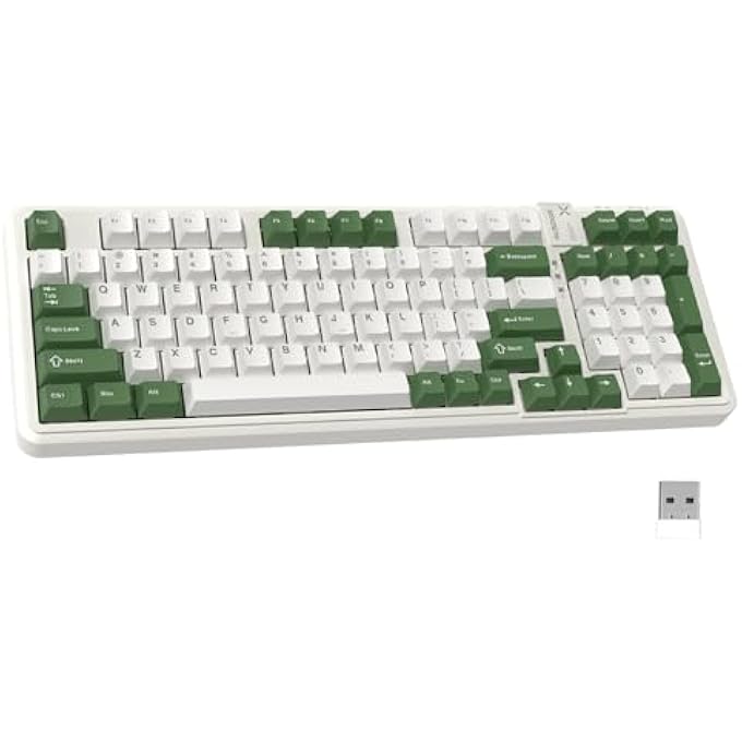 AUSDOM 98PRO WIRELESS MECHANICAL KEYBOARD, TRIPLE MODE HOT-SWAPPABLE GAMING KEYBOARD WITH BLUETOOTH 5.0, GASKET STRUCTURE, ADJUSTABLE WHITE BACKLIGHT, LINEAR SWITCHES FOR WINDOWS/MAC/PC-WHITE& GREEN - Image 1