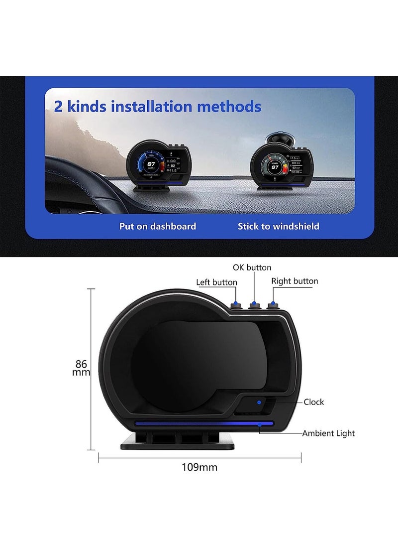 Car HUD Head Up Display P6, OBD+GPS Smart Gauge, Works Great for Most Cars