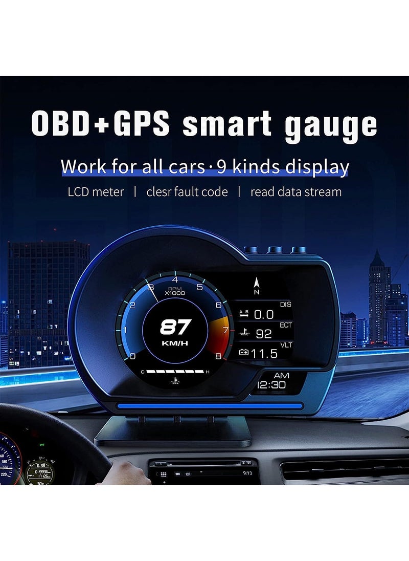 Car HUD Head Up Display P6, OBD+GPS Smart Gauge, Works Great for Most Cars