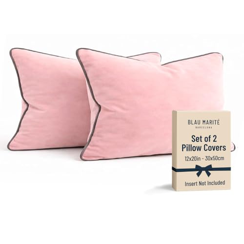 Blau Marité 2 Pack Velvet Decorative Throw Pillow Covers, 12"x20", Pink and Grey, Solid, Modern, Contrast Piping, Indoor Use, Bedroom & Living Room - Image 1