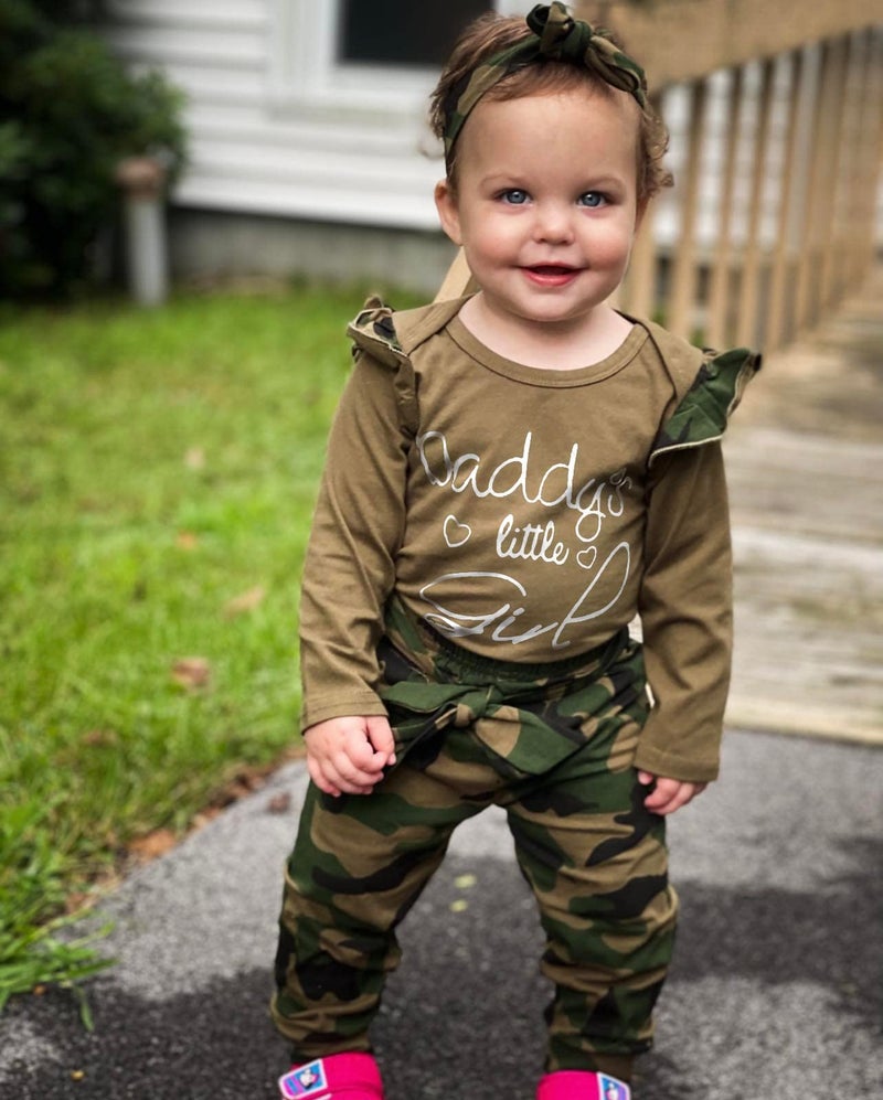 AMAWMW Baby Girl Clothes Set Daddys Little Girl Ruffle Romper Top Camouflage Pants Newborn Infant Baby Girl Outfit (Green 2, 6-12 Months) - Image 2