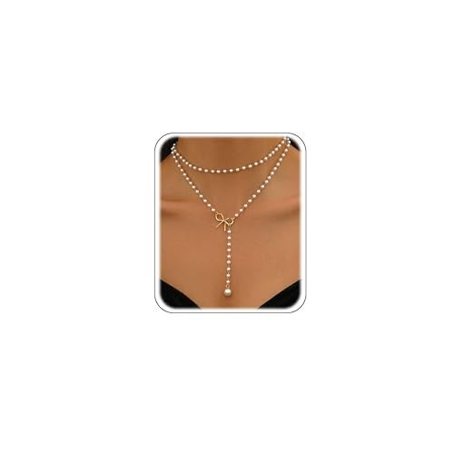 Aisansty Layered Pearl Bow Choker Necklaces for Women 14K Gold Plated Dainty Cute Bow Pearl Drop Pendant Y shaped Layered Necklace,Christmas Gift for Her - Image 1