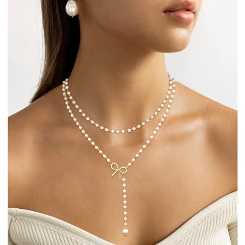 Aisansty Layered Pearl Bow Choker Necklaces for Women 14K Gold Plated Dainty Cute Bow Pearl Drop Pendant Y shaped Layered Necklace,Christmas Gift for Her - Image 3