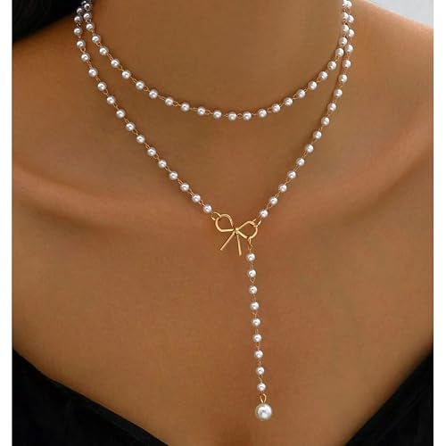 Aisansty Layered Pearl Bow Choker Necklaces for Women 14K Gold Plated Dainty Cute Bow Pearl Drop Pendant Y shaped Layered Necklace,Christmas Gift for Her - Image 2