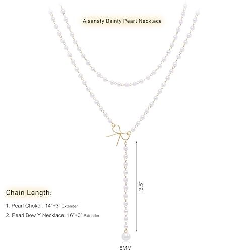 Aisansty Layered Pearl Bow Choker Necklaces for Women 14K Gold Plated Dainty Cute Bow Pearl Drop Pendant Y shaped Layered Necklace,Christmas Gift for Her - Image 5