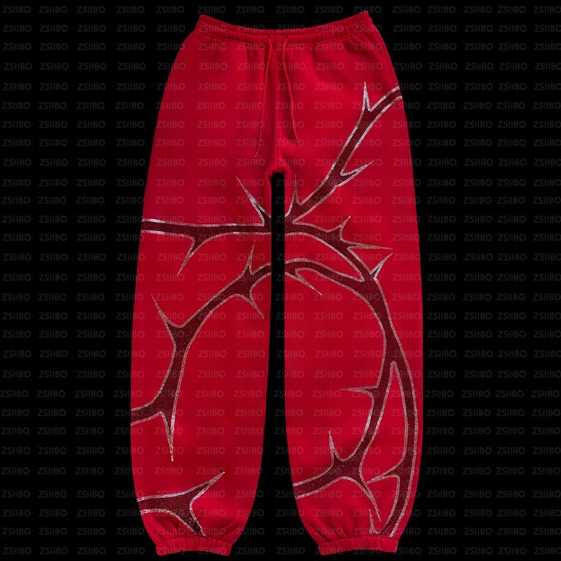 2023 Unisex Street Hoodie Rhinestone Zip red pants - Image 1