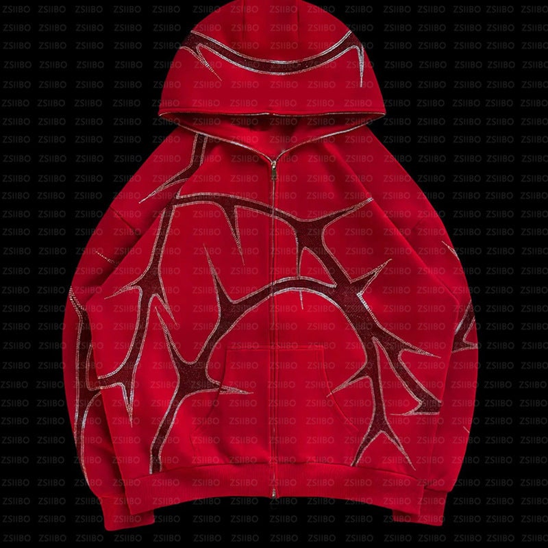 2023 Unisex Street Hoodie Rhinestone Zip red pants - Image 2