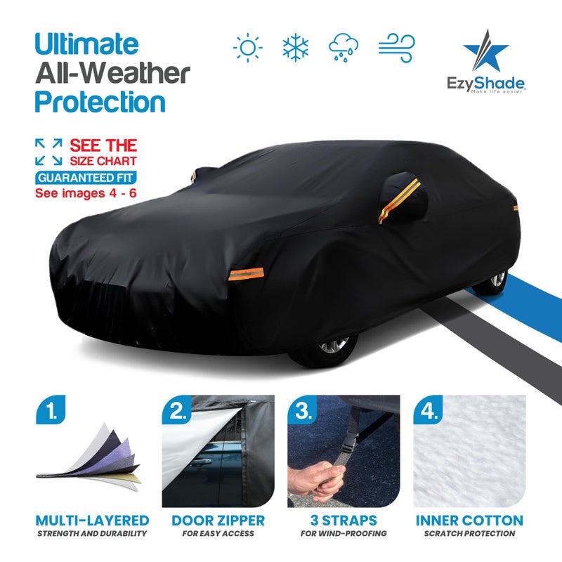 EzyShade 10-Layer Car Cover Waterproof All Weather [See Vehicle Size Chart for Accurate Fit] Outdoor Full Exterior Covers for Automobiles Sedan Hatch. Rain Sun Snow. Black, Size A3 (See SizeChart) - Image 2