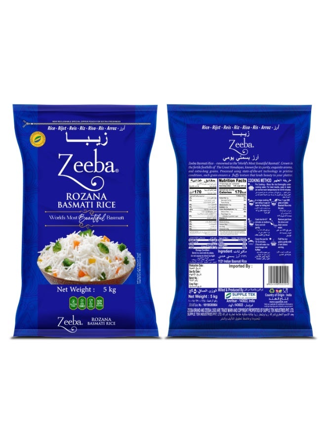 ZEEBA Rozana Basmati Rice Blue Plastic Pouch 5kg - Image 1