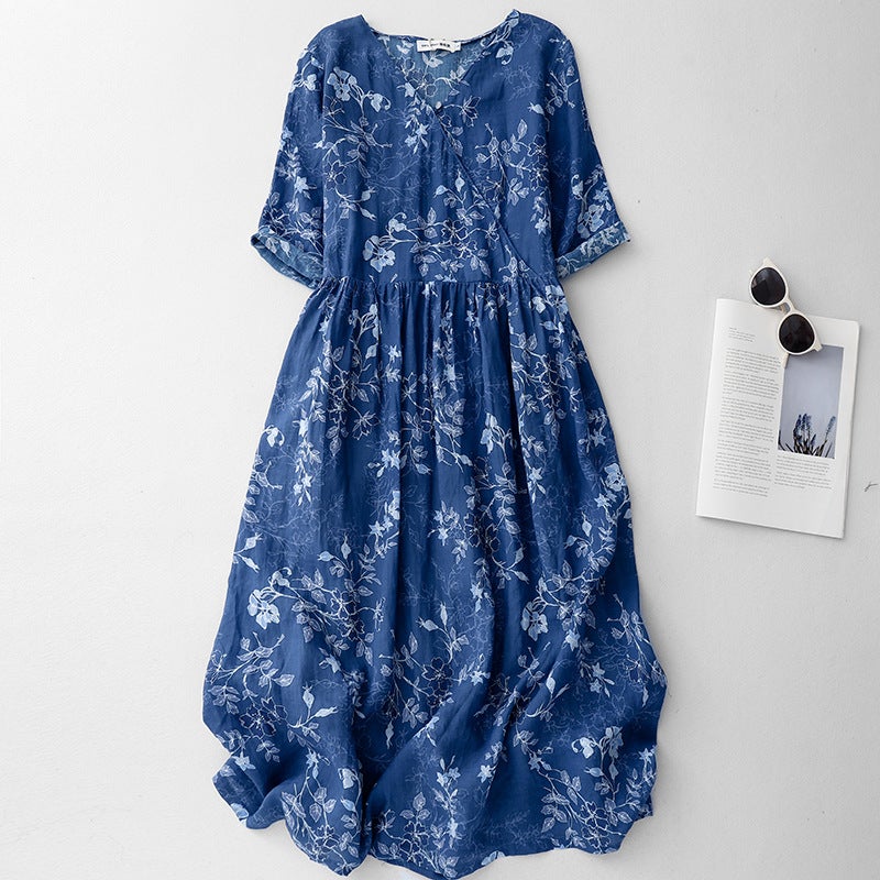 Spring and Summer 2025 New Arrival Light Luxury Ramie Kimono dress Printed Over-the-Knee Loose Retro Blue Floral Skirt Picture color