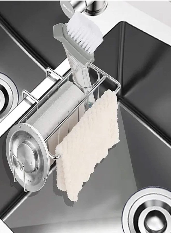 VIGOR PATH 4-in-1 Kitchen Sink Sponge Holder with Brush Holder, Dish Cloth Hanger, and Sink Plug Bracket - 304 Stainless Steel (Silver) - Image 2