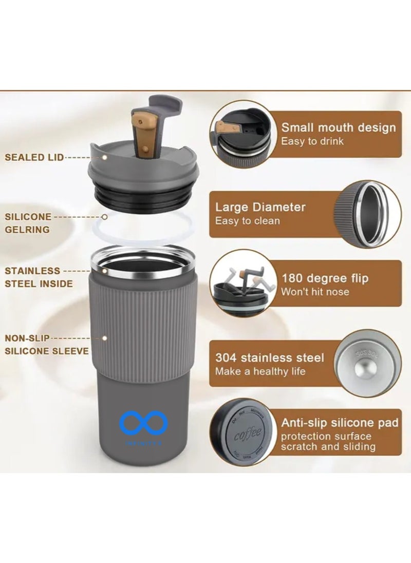 Infinity - Travel Coffee Mug, Stainless Steel Coffee Tumbler, Thermos, Double Wall Vacuum Insulated Tumbler, 450 ML, 15 OZ, Leak Proof, Hot and Cold, BPA Free (Grey) - Image 1