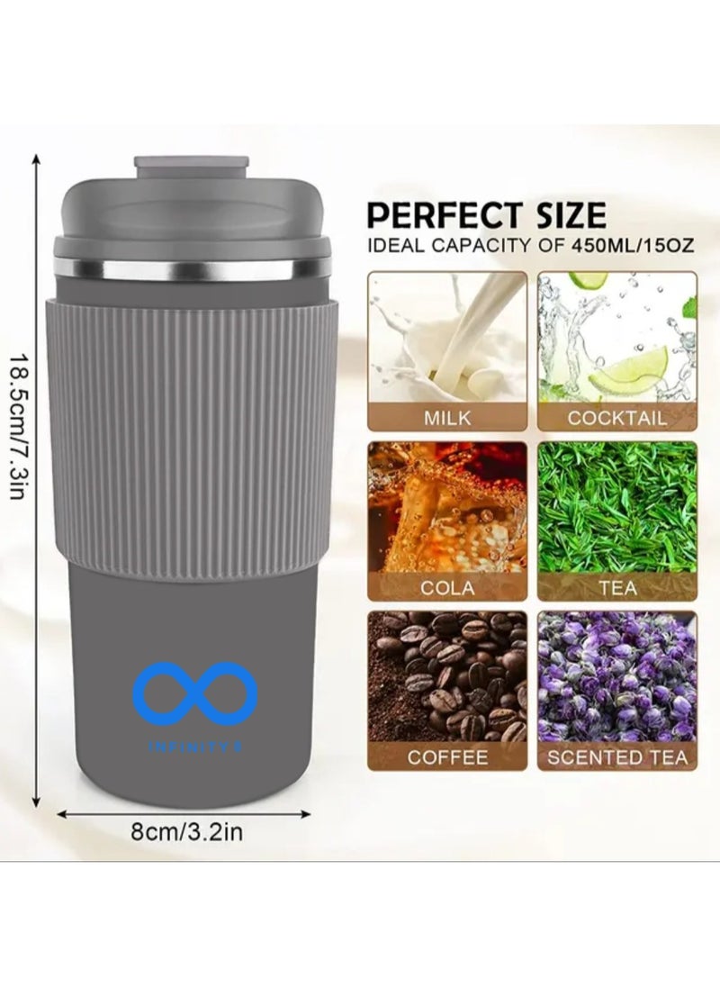 Infinity - Travel Coffee Mug, Stainless Steel Coffee Tumbler, Thermos, Double Wall Vacuum Insulated Tumbler, 450 ML, 15 OZ, Leak Proof, Hot and Cold, BPA Free (Grey) - Image 1