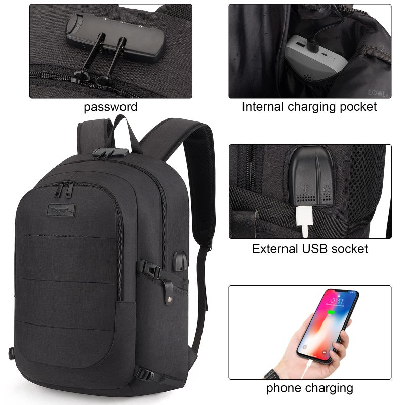 Tzowla Anti-Theft Water Resistant 17.3 Inch Laptop Backpack with USB Charging Port and Lock, Black - Image 2
