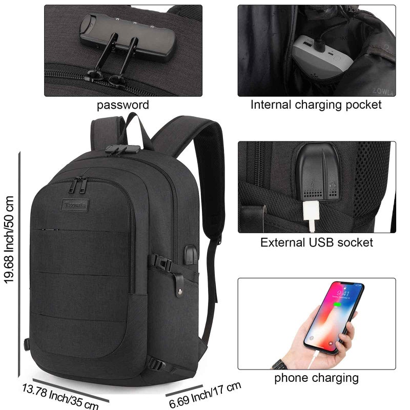 Tzowla Anti-Theft Water Resistant 17.3 Inch Laptop Backpack with USB Charging Port and Lock, Black - Image 3