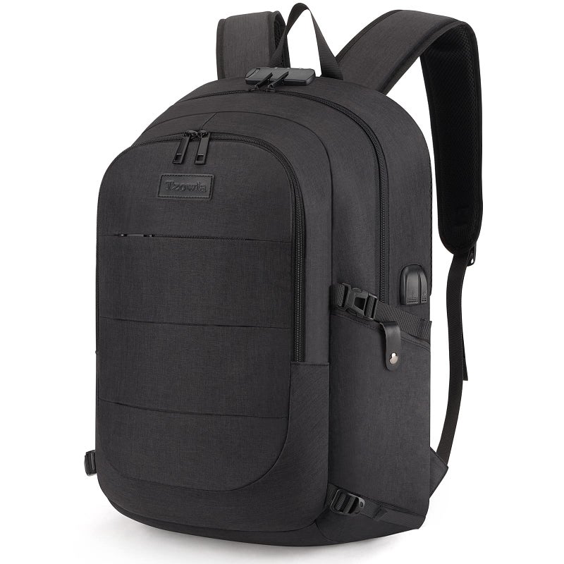 Tzowla Anti-Theft Water Resistant 17.3 Inch Laptop Backpack with USB Charging Port and Lock, Black - Image 1