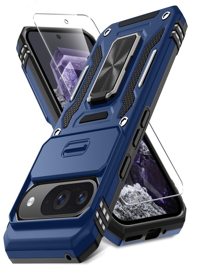 DEERLAMN جراب DEERLAMN لهاتف Pixel 9، جراب Google Pixel 9 Pro مع غطاء كاميرا منزلق + واقي شاشة (عبوة واحدة)، غطاء واقٍ مقاوم للصدمات بمسند حلقي دوار - أزرق داكن - Image 1
